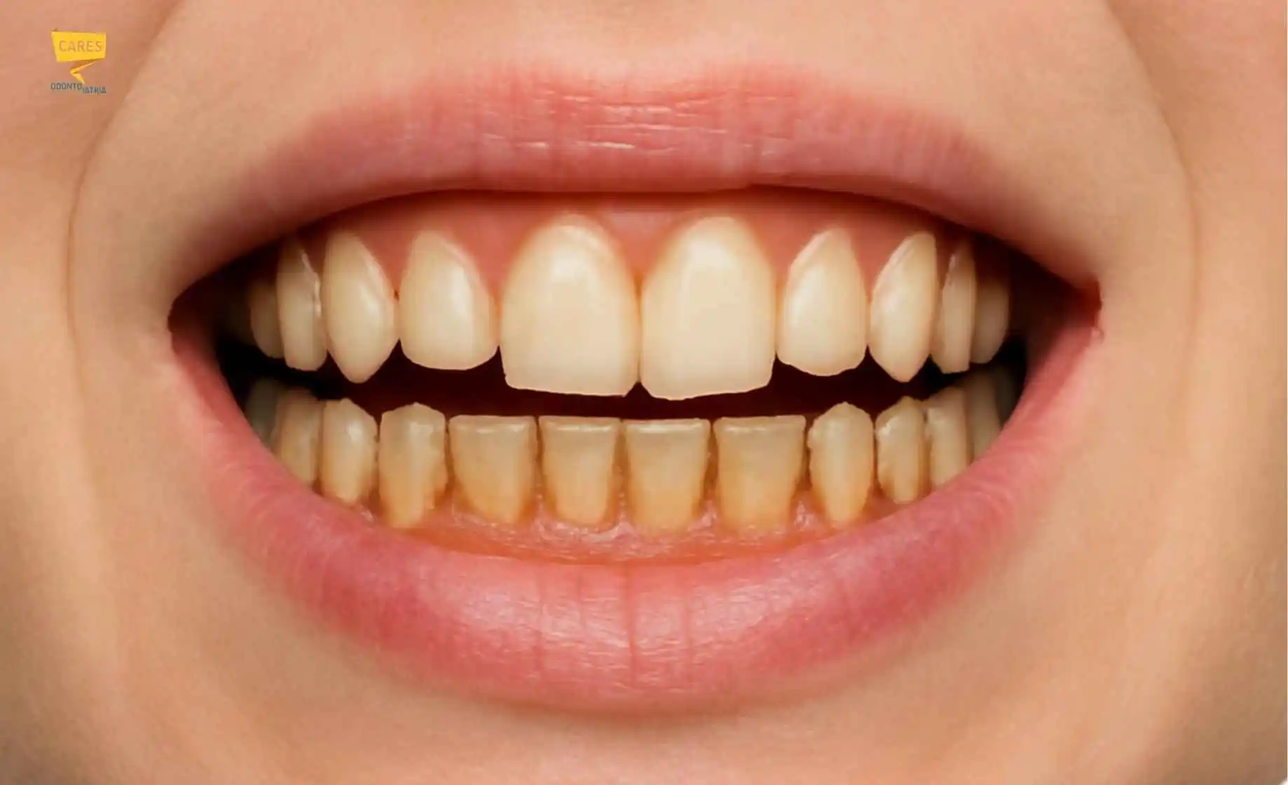Tartaro dentale visibile sui denti inferiori vicino al margine gengivale