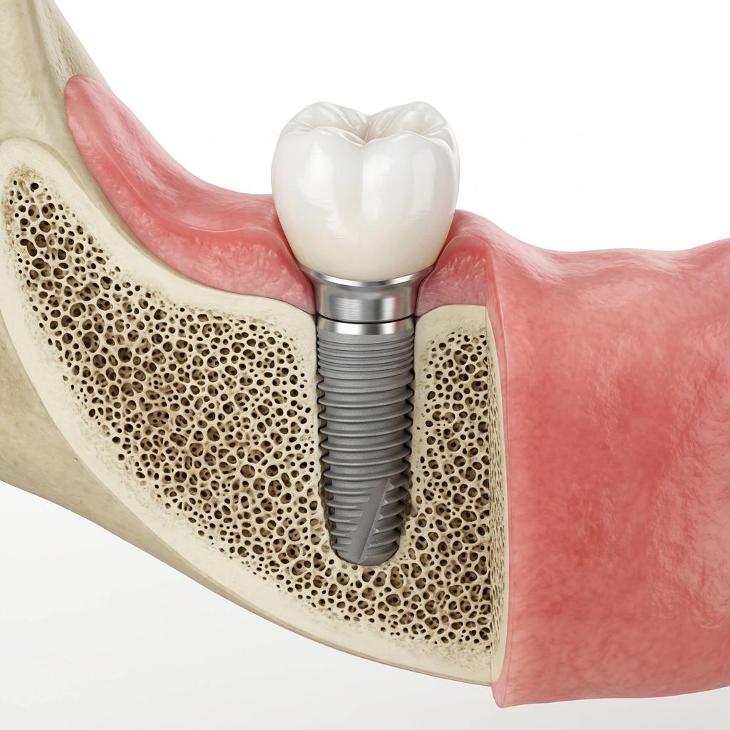 Illustrazione di un impianto dentale in titanio inserito nell’osso mandibolare, con corona dentale e gengiva.